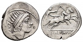 Valeria. L. Valerius Acisculus. Denario. 45 a.C. Roma. (Ffc-1172). (Craw-474/5). (Cal-1329). Anv.: Cabeza radiada del Sol a derecha, tipo difernte de ...