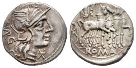 Vargunteia. Marcus Vargunteius. Denario. 130 a.C. Roma. (Ffc-1183). (Craw-257/1). (Cal-1339). Anv.: Cabeza de Roma a derecha, delante: X, detrás: M. V...