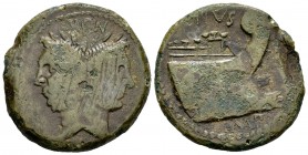 Pompeyo Magno. As. 45 a.C. Hispania. (Craw-479.1). Anv.: Jano con la cara de Cn. Pompeyo, encima MAGN. Rev.: PIVS / IMP. Proa a derecha. Ae. 15,63 g. ...