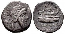 Pompeyo Magno. Cnaeus Pompey Magnus. Denario. 49 a.C. Hispania. (Ffc-6). (Craw-446/1). (Cal-373). Anv.: Cabeza diademada de Numa a derecha, sobre la d...