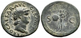 Nerón. As. 65 d.C. Roma. (Spink-1976). (Ric-312). (Ch-288). Rev.: SC. Victoria alada de pie a izquierda con un escudo con la inscripción (SPQR). Ae. 9...