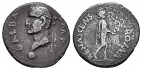 Galba. Denario. 68 d.C. Tarraco. (Spink-2095 var.). (Ric-27). Anv.: IMP GALBA. Busto laureado a izquierda, debajo glóbulo. Rev.: ROMA RENASCENS. Roma ...