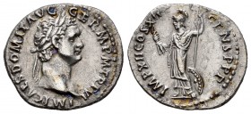 Domiciano. Denario. 86 d.C. Roma. (Spink-2729 var). Anv.: IMP CAES DOMIT AVG GERM PM TR P VI. Cabeza laureada a derecha. Rev.: IMP XII COS XII CENS PP...