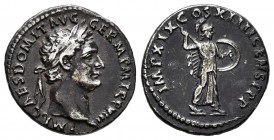 Domiciano. Denario. 88-89 d.C. Roma. (Ric-137). Rev.:  IMP XIX COS XIIII CENS PPP. Minerva a derecha en posición de ataque. Ag. 3,44 g. Pátina oscura....