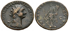 Domiciano. Dupondio. 88-89 d.C. Roma. (Spink-2786). (Ric-392). (Ch-132). Rev.: FORTVNAE AVGVSTI SC. Fortuna de pie a izquierda con timón y cuerno de l...