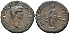 Nerva. Sestercio. 97 d.C. Roma. (Spink-3050). (Ric-86). Anv.: IMP NERVA CAES AVG P M TR P II COS III P P. Cabeza laureada de Nerva a derecha. Rev.: LI...