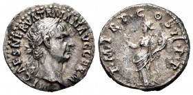 Trajano. Denario. 98-99 d.C. Roma. (Ric-6). (Rsc-209). Anv.: IMP CAES NERVA TRAIAN AVG GERM. Busto laureado a derecha. Rev.: P M TR P COS II P P. Pax ...