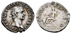 Trajano. Denario. 98-99 d.C. Roma. (Ric-12). (Bmcre-4). (Rsc-302). Anv.: IMP CAES NERVA TRAIAN AVG GERM. Cabeza laureada a derecha. Rev.: PONT MAX TR ...