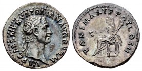 Trajano. Denario. 98 d.C. Roma. (Ric-21). (Seaby-288). Rev.: PONT MAX TR POT COS II. Vesta sentada a izquierda con pátera y antorcha. Ag. 3,19 g. Tono...