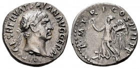 Trajano. Denario. 102 d.C. Roma. (Ric-60). (Seaby-242a). Rev.: P M TR P COS IIII P P. Victoria a vanzando a izquierda con corona y palma. Ag. 3,11 g. ...