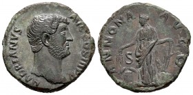 Adriano. As. 134 d.C. Roma. (Spink-no cita). (Ric-796). Rev.: ANNONA AVGG, en campo SC. Annona de pie a derecha con espigas sobre modio y timón. Ae. 1...