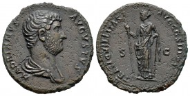 Adriano. As. 132-134 d.C. Roma. (Spink-3694). (Ric-730). Rev.: TRANQVILLITAS AVG COS III P P, en campo SC. Tranquillitas de pie a la izquierda con cet...