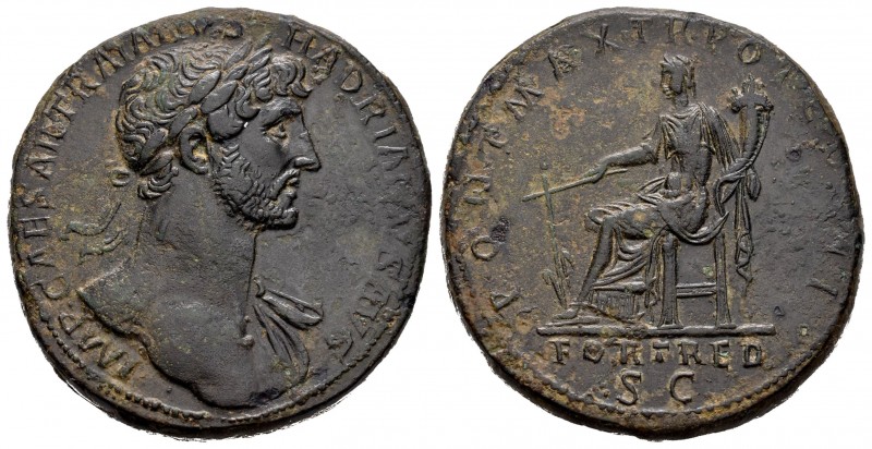 Adriano. Sestercio. 118 d.C. Roma. (Spink-3598 var). (Ric-551a). Rev.: PONT MAX ...