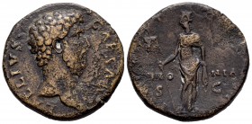 Aelio. Sestercio. 136-138 d.C. Roma. (Ric-1059a). (Ch-24). Rev.: TR POT COS II SC. Pannonia en pie de frente, portando estandarte. En el campo PANNO-N...