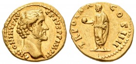 Antonino Pío. Áureo. 155-156 d.C. Roma. (Ric-256b). (Ch-996). (Cal-1674). Anv.: ANTONINVS AVG PIVS P P IMP II. Busto desnudo a derecha. Rev.: TR POT X...