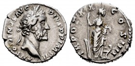 Antonino Pío. Denario. 156-157 d.C. Roma. (Spink-4128). (Ric-260). (Seaby-1016). Rev.: TR POT XX COS IIII. Annona en pie a izquierda con timón y modiu...