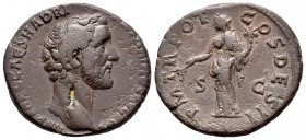 Antonino Pío. As. 138 d.C. Roma. Acuñada bajo Adriano. (Ric-526a). Anv.: IMP T AEL CAES HADRI ANTONINVS AVG PIVS. Rev.: P M TR POT COS DES II SC. Pax ...