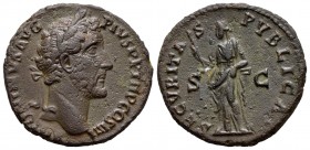 Antonino Pío. As. 142 d.C. Roma. (Spink-4313). (Ric-691). (Ch-784). Rev.: SECVRITAS PVBLICA SC. Securitas en pie a izquierda con cetro y apoyada en un...