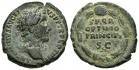 Antonino Pío. As. 147 d.C. Roma. (Spink-4314). (Ric-827a). Rev.: SPQR / OPTIMO / PRINCIPI / SC, dentro de láurea. Ae. 13,37 g. Escasa. MBC/MBC+. Est.....