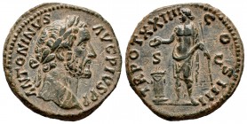 Antonino Pío. As. 160-161 d.C. Roma. (Ric-1052). Rev.: P M TR POT XXIII COS IIII. Genio en pie a izquierda con cetro y pátera, a sus pies altar encend...