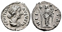Faustina Hija. Denario. 147-176 d.C. Roma. (Ric-686). Anv.:  FAVSTINA AVGVSTA. Busto drapeado a derecha. Rev.:  HILARITAS. Hilaritas a izquierda con p...