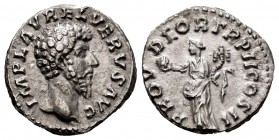 Lucio Vero. Denario. 161-163 d.C. Roma. (Spink-5354). (Ric-482). Rev.: PROV DEOR TR P COS II. Providencia en pie con globo y cuerno de la abundancia. ...