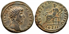 Lucio Vero. Dupondio. 163 d.C. Roma. (Spink-no cita). (Ric-1341). Rev.: FORT RED TR POT III SC / COS II. Fortuna sentada en trono a izquierda con timó...