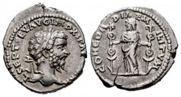 Septimio Severo. Denario. 198-200 d.C. Laodicea. (Spink-6269). (Ric-502d). (Seaby-78a). Rev.: CONCORDIA EMIILTVM. Concordia con dos insignias militare...
