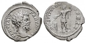 Septimio Severo. Denario. 201 d.C. Roma. (Spink-6357). (Ric-167a). Rev.: RESTITVTOR VRBIS. Severo en pie a izquierda con pátera y lanza, realizando sa...
