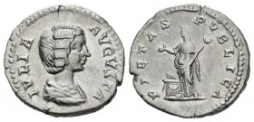 Julia Domna. Denario. 203 d.C. Roma. (Spink-6601). (Ric-574). (Seaby-156). Rev.: PIETAS PVBLICA. Pietas en pie a izquierda con las manos extendidas in...
