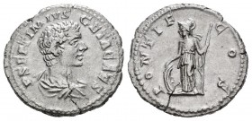 Geta. Denario. 205-208 d.C. Roma. (Ric-34b). Rev.: PONTIF COS. Minerva en pie a izquierda con escudo y lanza. Ag. 3,53 g. Fina grieta. MBC+. Est...50,...