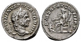 Caracalla. Denario. 212 d.C. Roma. (Spink-6826). (Ric-196). (Seaby-206). Rev.: P M TR P XV COS III P P. Salus sentado a la izquierda con cuerno de la ...