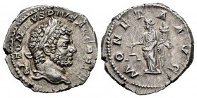 Caracalla. Denario. 213 d.C. Roma. (Spink-6821). (Ric-308). (Seaby-167). Rev.: MONETA AVG. Moneta en pie a izquierda con balanza y cuerno de la abunda...