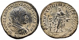 Caracalla. Sestercio. 215 d.C. Roma. (Ric-538). (Ch-329). Rev.: P M TR P XVIII IMP III COS IIII P P SC. Esculapio en pie con vara de serpiente, a sus ...