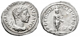 Eliogábalo. Denario. 218-222 d.C. Roma. (Ric-131). (Bmcre-225). (Rsc-246). Anv.: IMP ANTONINVS PIVS AVG. Busto laureado con cuerno y drapeado a derech...
