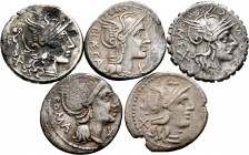 Lote de 5 denarios de la República Romana, uno de ellos forrado. A EXAMINAR. Choice F/Almost VF. Est...150,00.