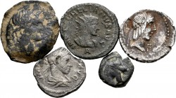 Lote de 5 monedas diferentes, 1 denario de Calpurnia, 1 antoniniano de Aureliano y Vabalato, 1 semis de Corduba y 1 cuadrante cartaginés. A EXAMINAR. ...
