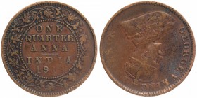 Error Bronze One Quarter Anna Coin of King George V of Calcutta Mint of 1919.