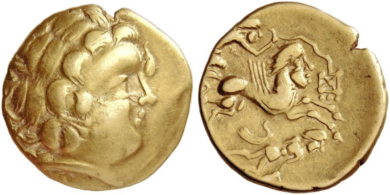 Aulerci Cenomani. Stater 2nd century BC, AV 7.52 g. Stylised head of Apollo r. R...