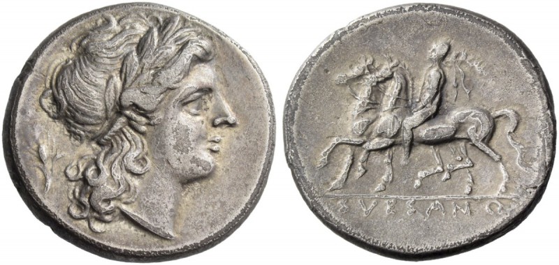 Samnium, Suessa. Didrachm circa 265-240 BC, AR 6.89 g. Laureate head of Apollo r...