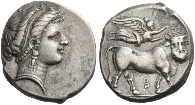 Neapolis. Didrachm circa 320-300 BC, AR 7.40 g. Diademed head of nymph r. Rev. M...