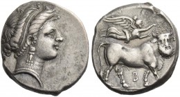 Neapolis. Didrachm circa 320-300 BC, AR 7.40 g. Diademed head of nymph r. Rev. Man-faced bull advancing r.; above, Nike flying r., holding wreath. Sam...