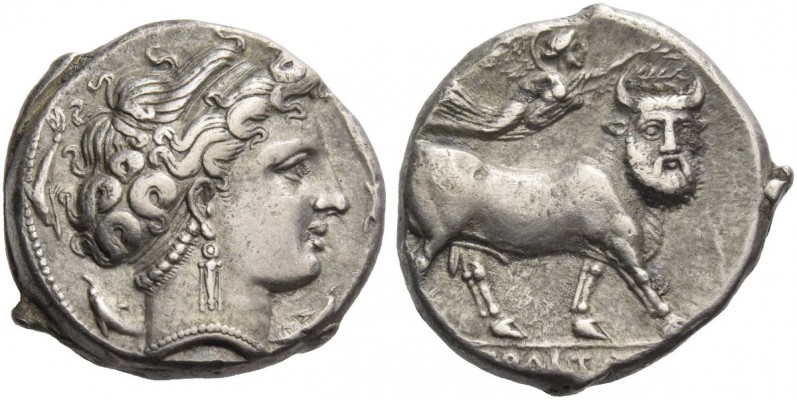 Neapolis. Didrachm circa 300 BC, AR 7.45 g. Diademed head of nymph r.; four dolp...