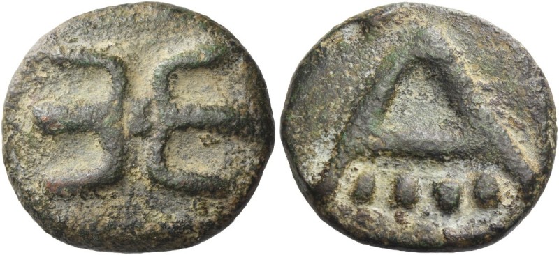 Apulia, Ausculum. Quadrunx circa 217-212, Æ 29.23 g. A; below, four pellets. Rev...