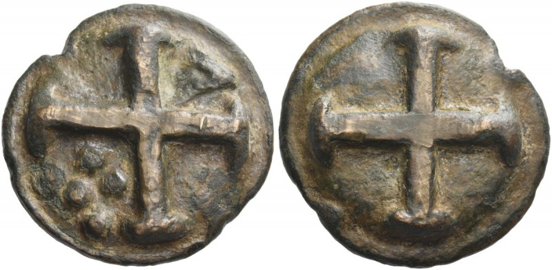 Luceria. Reduced quincunx circa 217-212 BC, Æ 33.72 g. Wheel of four spokes. Rev...