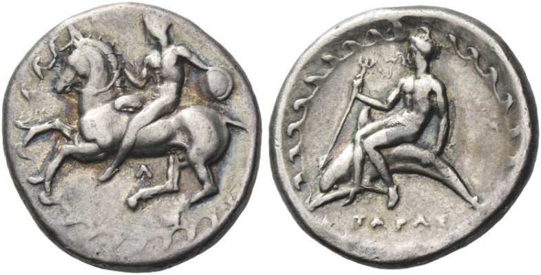 Calabria, Tarentum. Nomos circa 380-340 BC, AR 7.75 g. Horseman holding shield a...