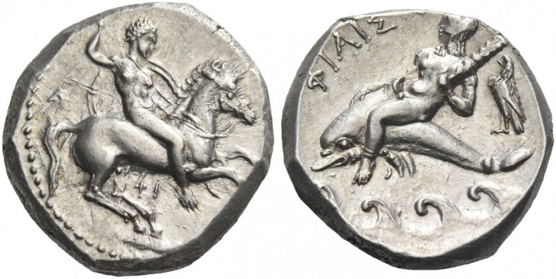 Calabria, Tarentum. Nomos circa 332-302, AR 7.82 g. Armed horseman r. spearing d...