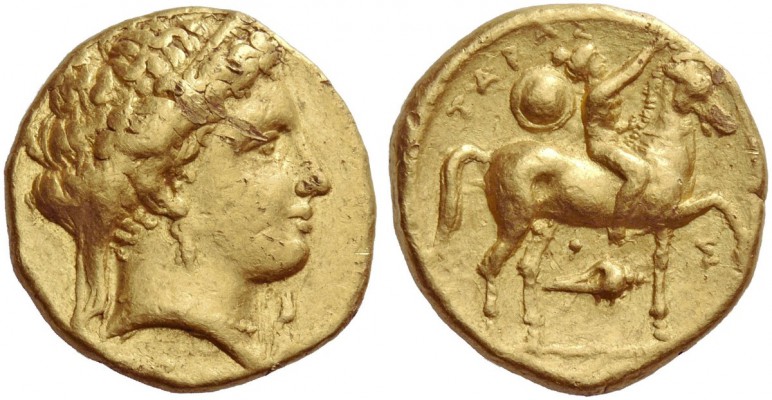 Calabria, Tarentum. Stater circa 315-300, AV 8.56 g. Diademed and veiled female ...