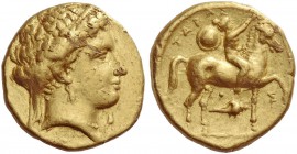 Calabria, Tarentum. Stater circa 315-300, AV 8.56 g. Diademed and veiled female head r., wearing earring and necklace. Rev. Horse stepping r., crowned...