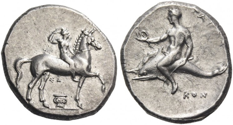 Calabria, Tarentum. Nomos circa 302, AR 7.94 g. Horseman r. crowning himself; be...